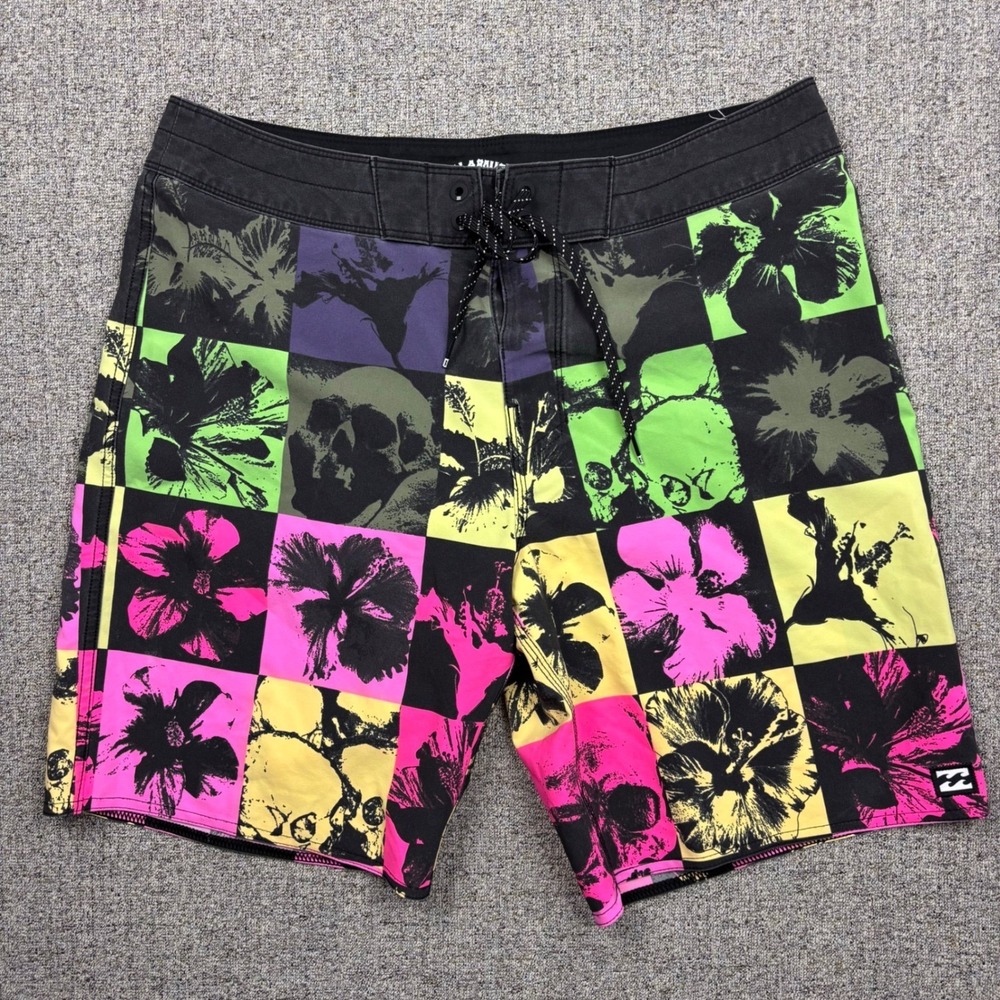 Billabong Recycler Sundays Pro Board Shorts Mens 31 Neon Skull Floral Checkered
